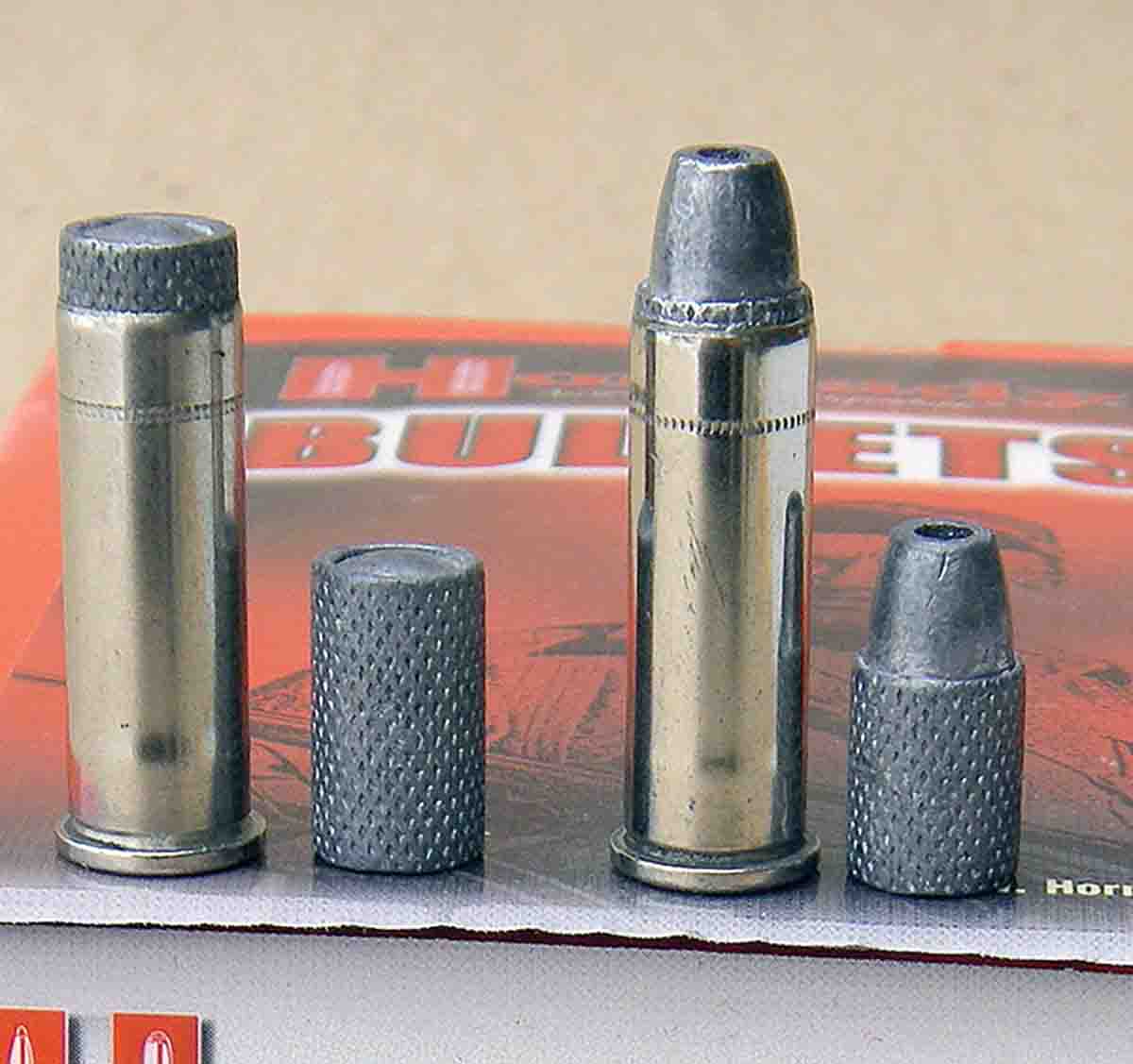 Hornady swaged lead bullets do not feature a crimp groove, so the case is crimped into the bullet. A light to medium roll crimp (shown) is often sufficient. Using a taper crimp die has also proven to give outstanding results.